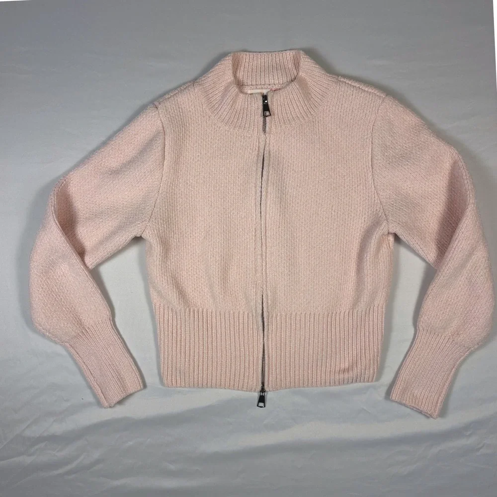Hazel Moon Pink Knit Cropped Full Zip Mock Neck Cardigan Sweater Large